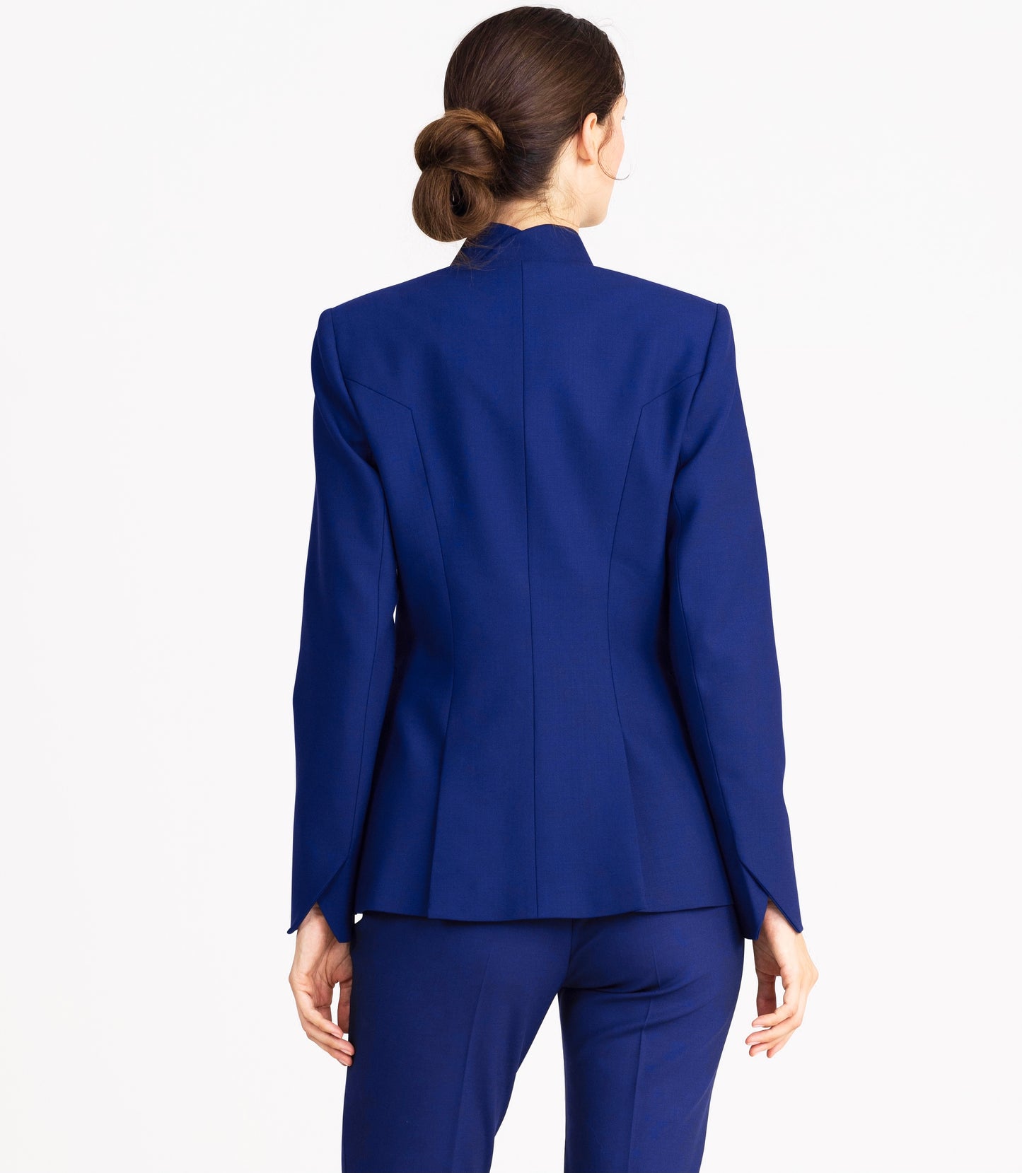 Seragyi's Nicole Blazer in Women's Suits, made from Italian Merino Wool. Features a cross-over collar and pyramid-cut sleeves, blending elegance and comfort in Women's Clothing.