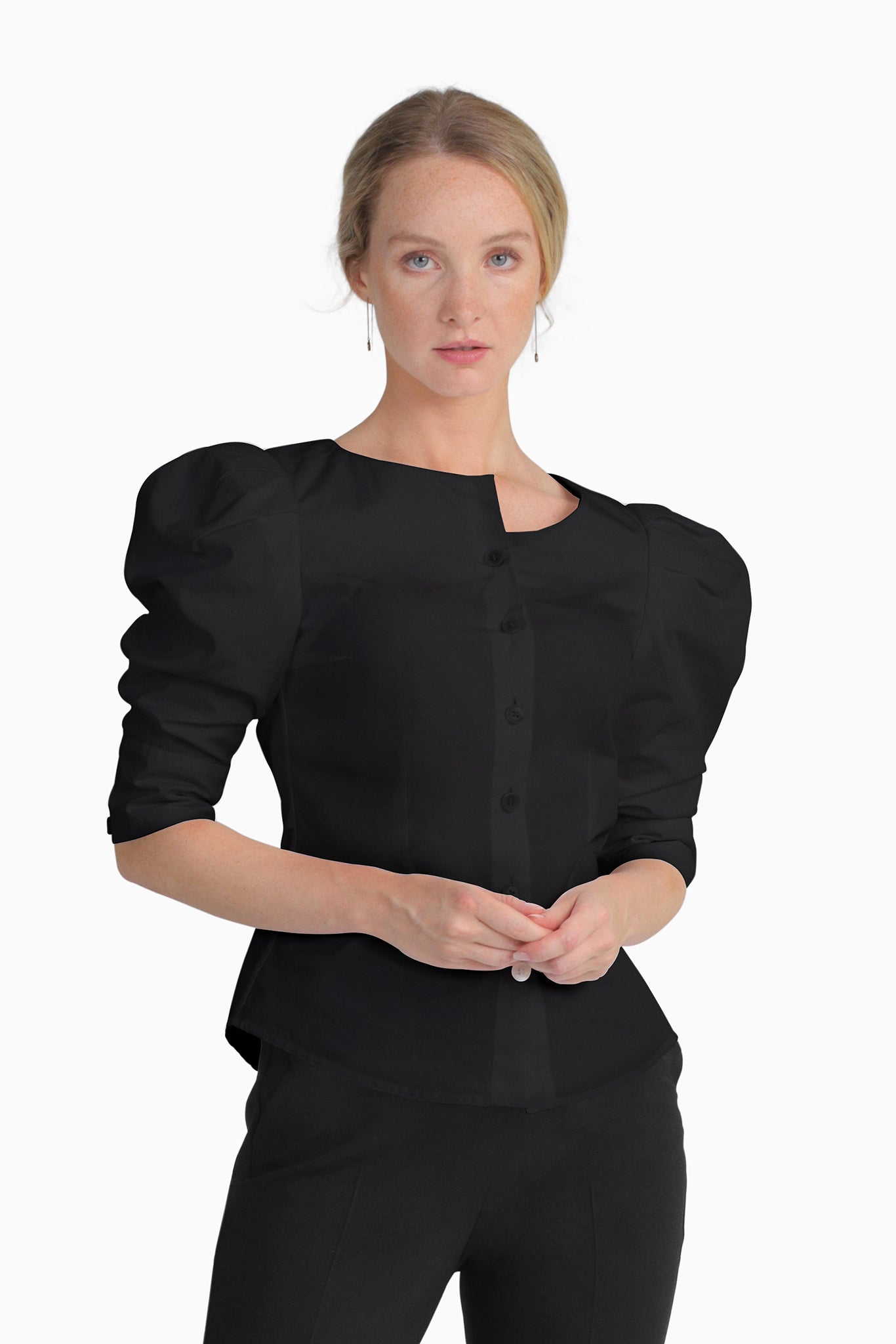 Seragyi's Martina Blouse in Black, made from sustainable cotton. With a modern asymmetrical neckline and ruched sleeves, this elegant design is a must-have in Women's Clothing.