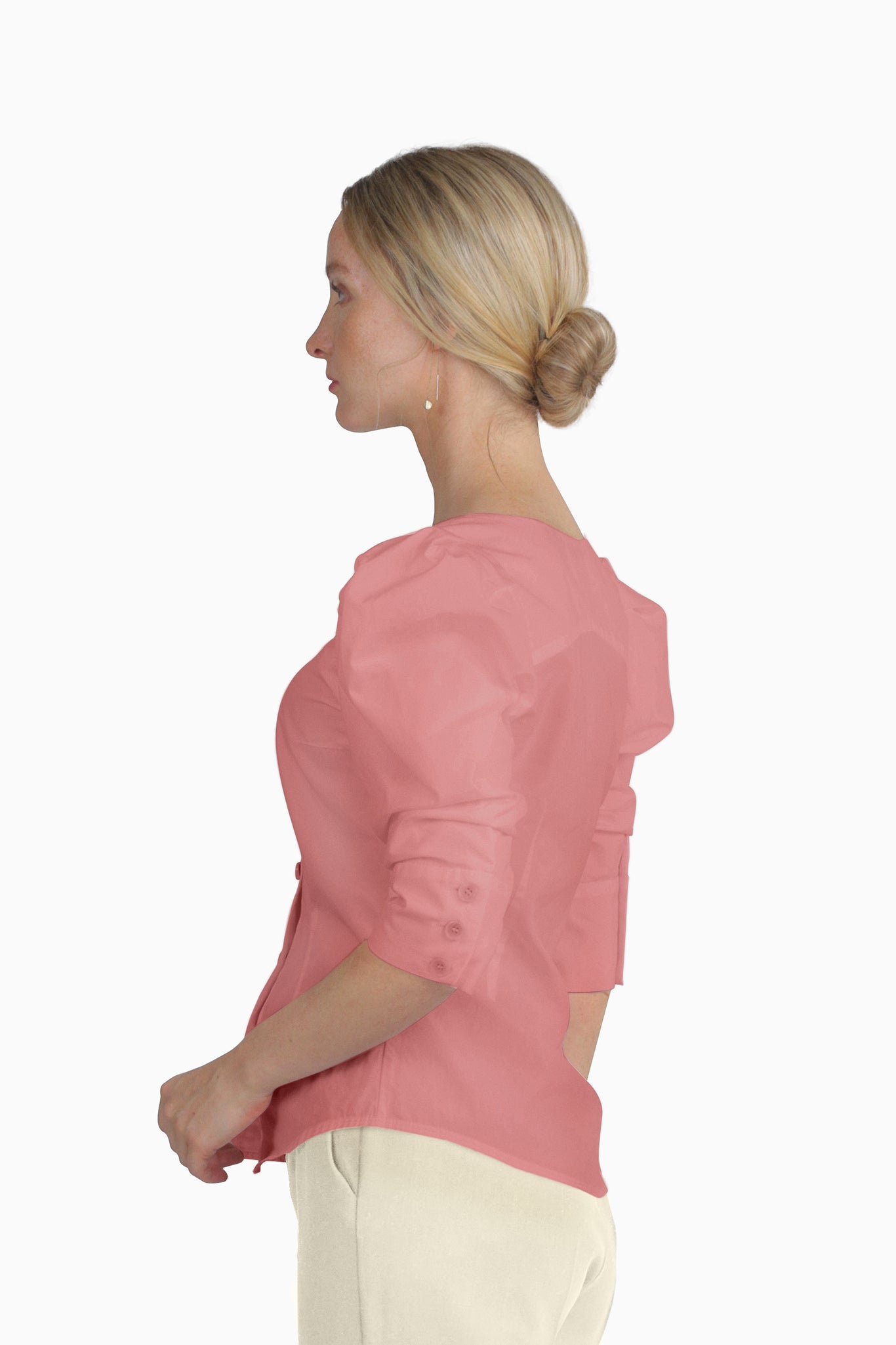 Seragyi's Martina Blouse in Mauveglow, a chic addition to Women's Clothing. Crafted from eco-friendly cotton, its asymmetrical neckline and ruched sleeves offer a unique and stylish look.