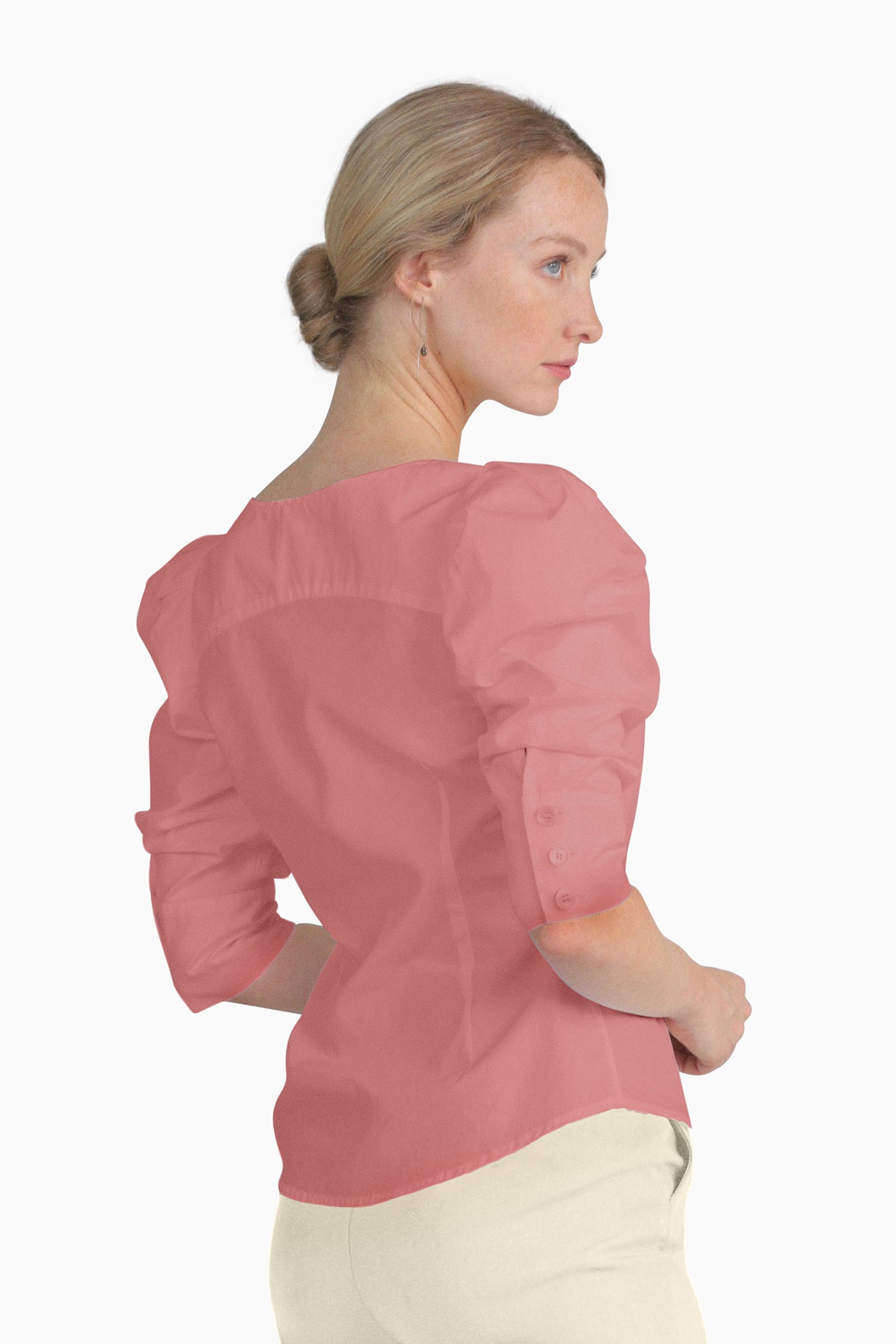 Seragyi's Martina Blouse in Mauveglow, a chic addition to Women's Clothing. Crafted from eco-friendly cotton, its asymmetrical neckline and ruched sleeves offer a unique and stylish look.
